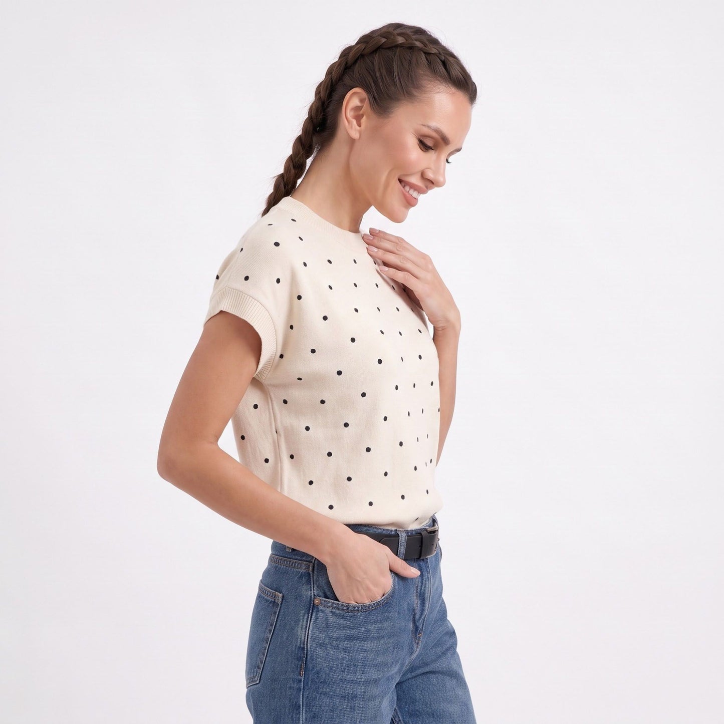 Polka Dot Crewneck Cap Sleeve Knit Sweater Top