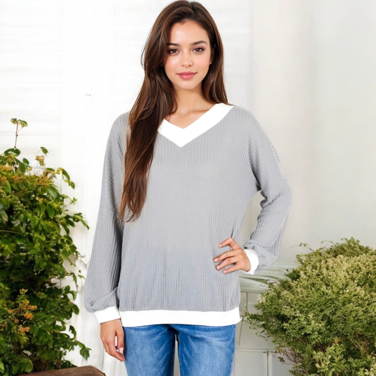 V-Neck Waffle Knit Long Sleeve Top Contrast Trim Relaxed Fit