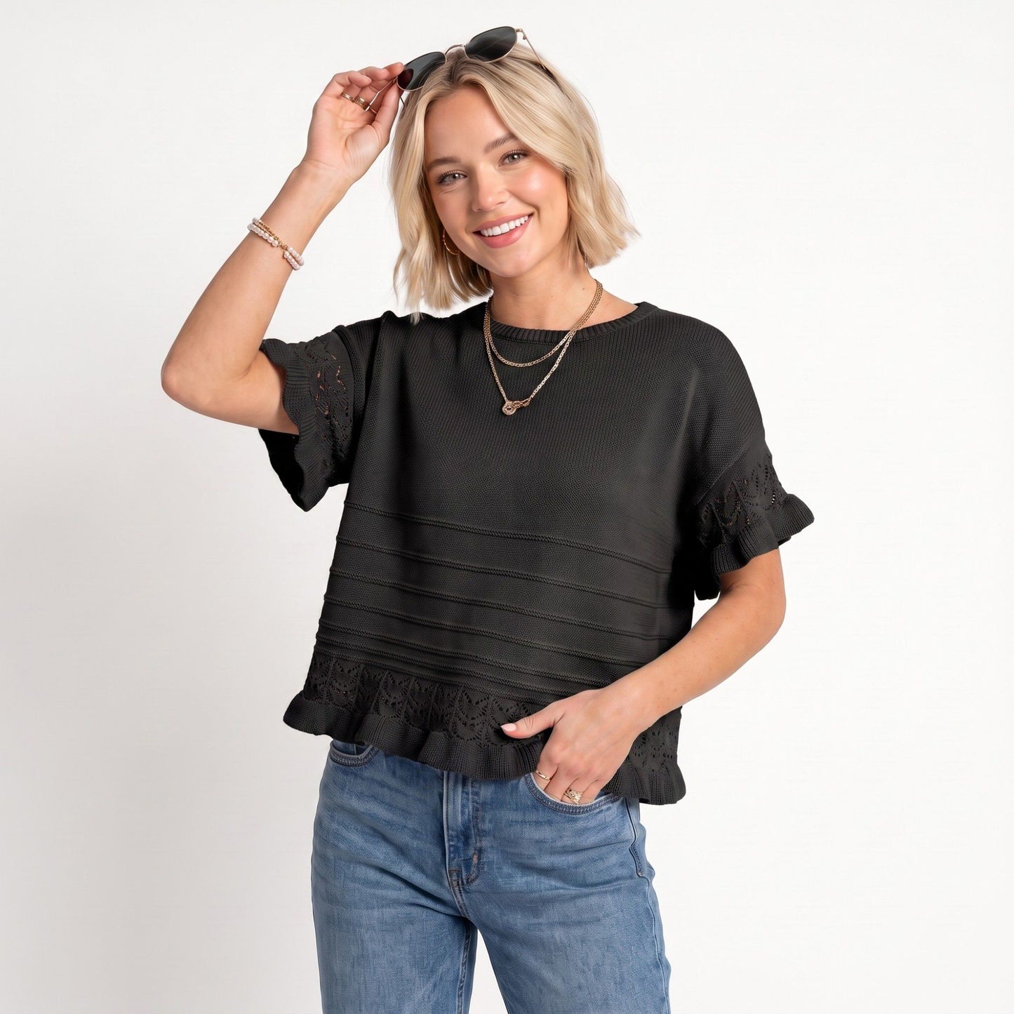 Short Sleeve Sweater Top Lace Ruffle Hem Textured Knit Blouse