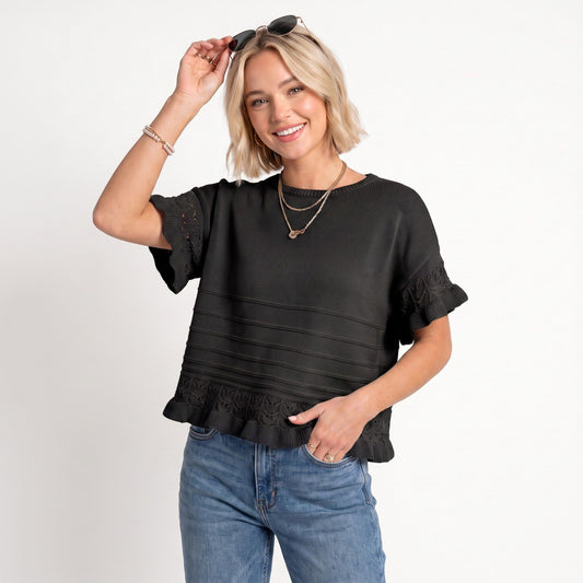Short Sleeve Sweater Top Lace Ruffle Hem Textured Knit Blouse
