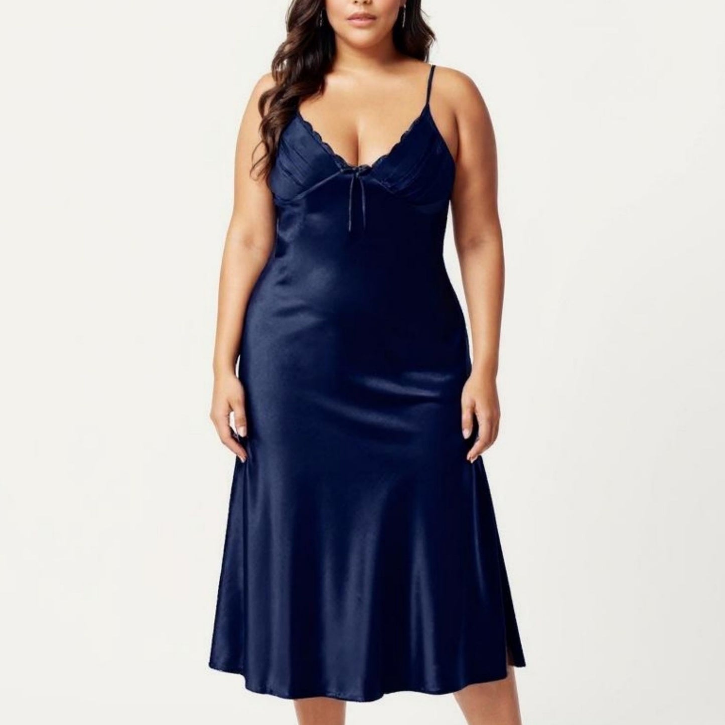 Plus Size Satin Chemise Nightgown with Lace Trim Neckline Adjustable Straps Side Slit Slip Dress