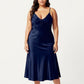 Plus Size Satin Chemise Nightgown with Lace Trim Neckline Adjustable Straps Side Slit Slip Dress