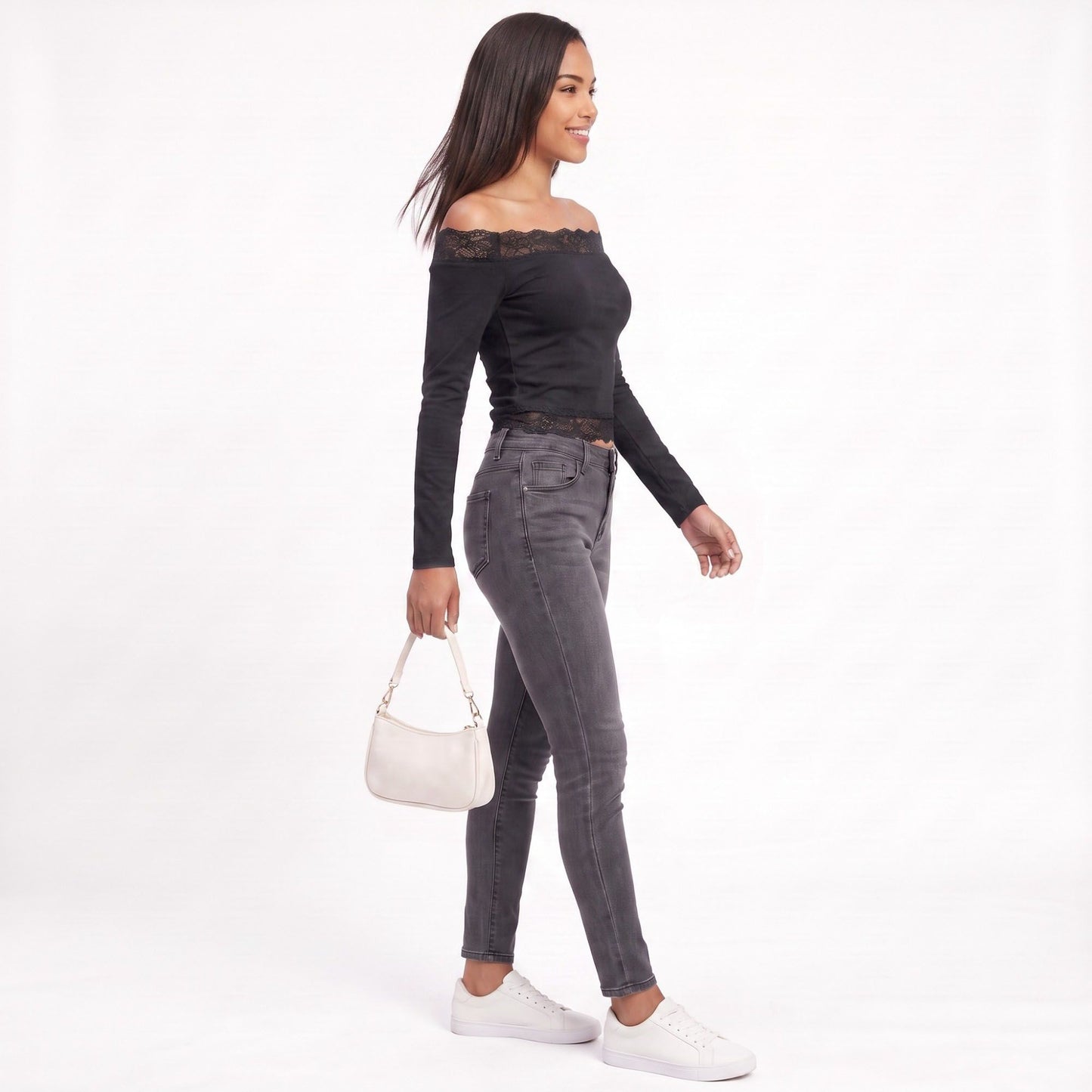 Off-the-Shoulder Lace Trim Long Sleeve Crop Top