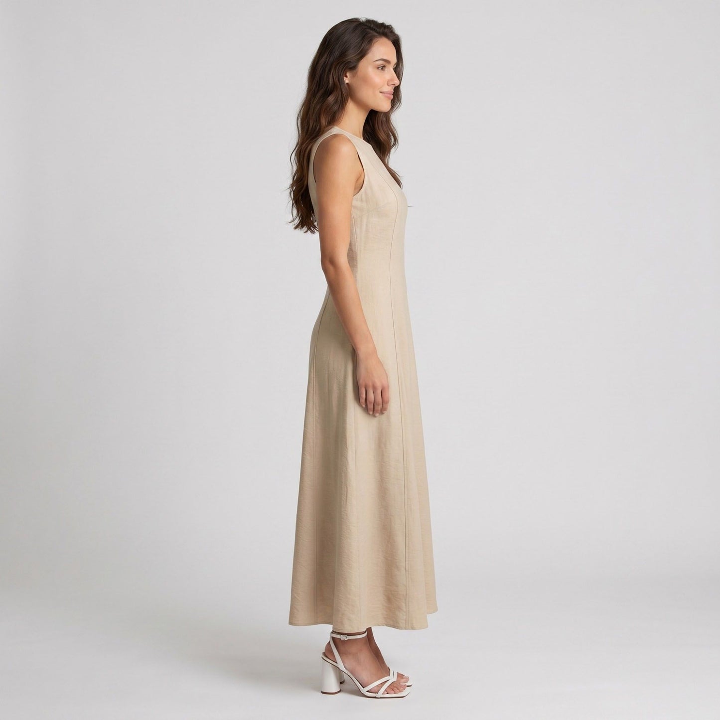Sleeveless Round Neck Panel Seam Maxi Dress with Fitted Bodice Flowy A-Line Skirt and Soft Woven Drape
