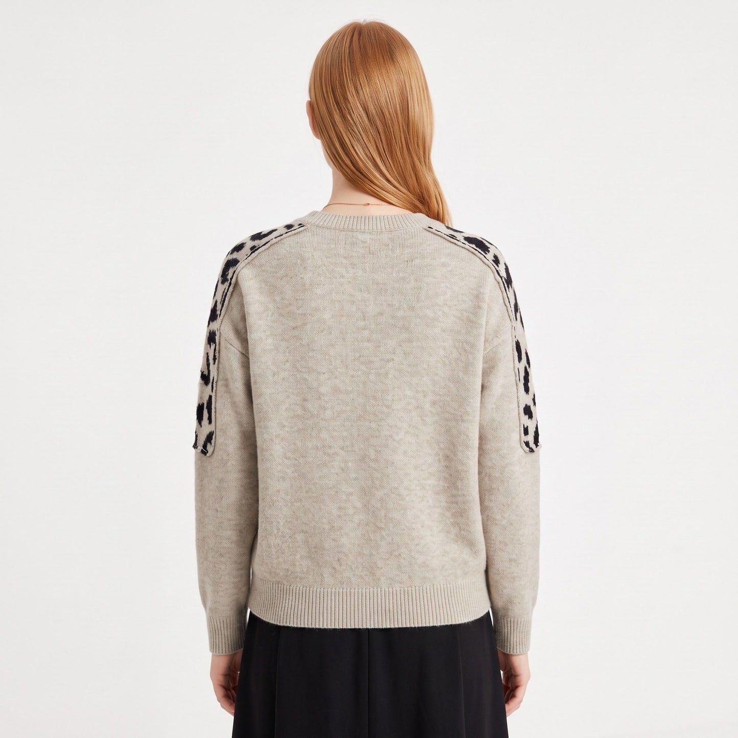 Leopard Shoulder Panel Crewneck Long Sleeve Knit Sweater