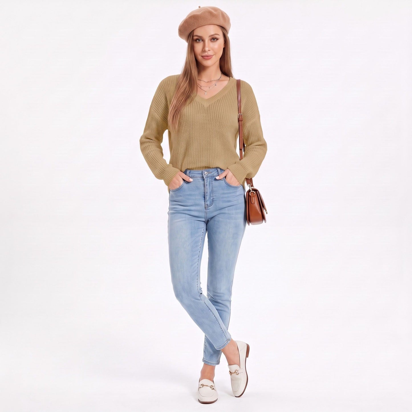 V Neck Textured Knit Pullover Sweater with Long Sleeves