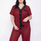 Plus Size 2-Piece Pointelle Button Front Short Sleeve Pajama Top and Pants Set with Lace Trim