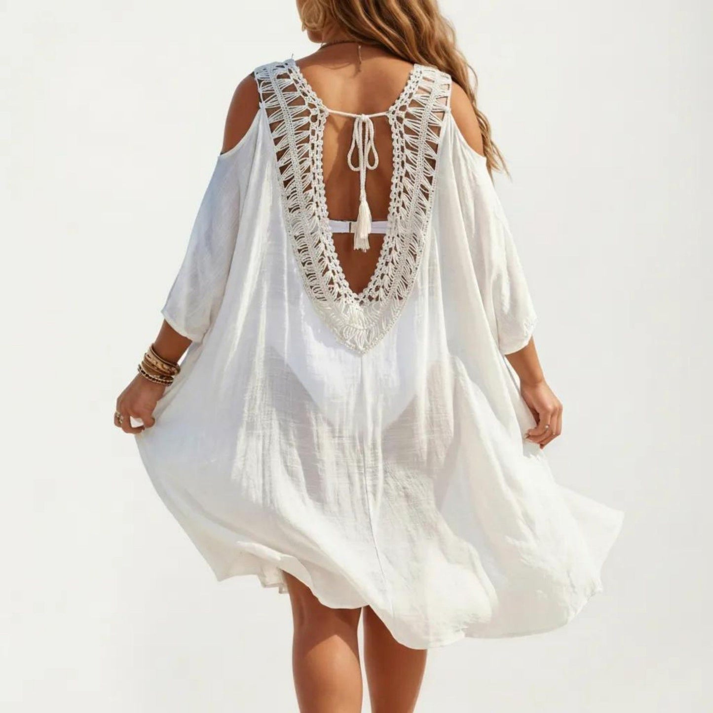 Crochet V Neck Swim Cover Up Dress with Cold Shoulder Sleeves and Relaxed Fit