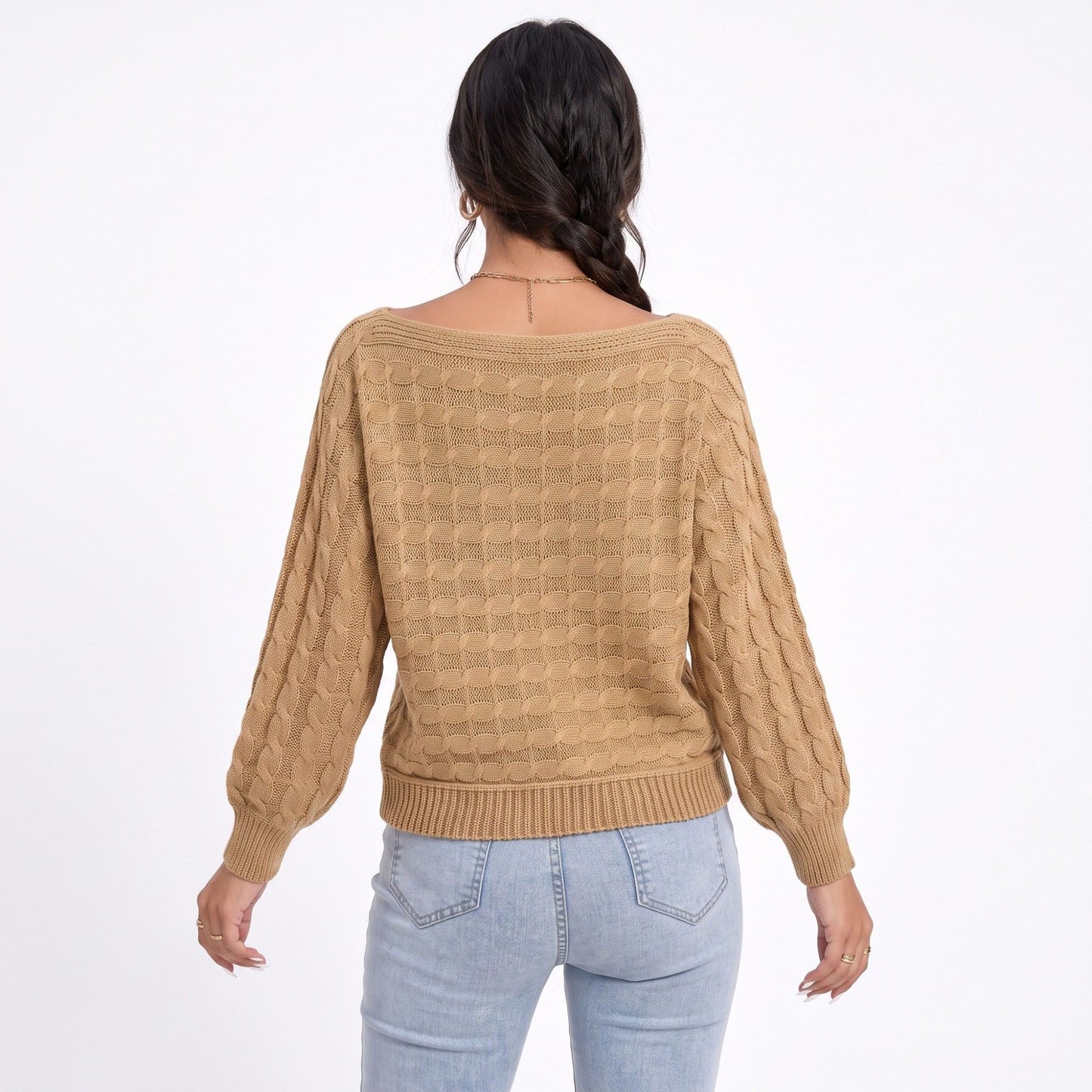 Boat Neck Cable Knit Long Sleeve Pullover Sweater