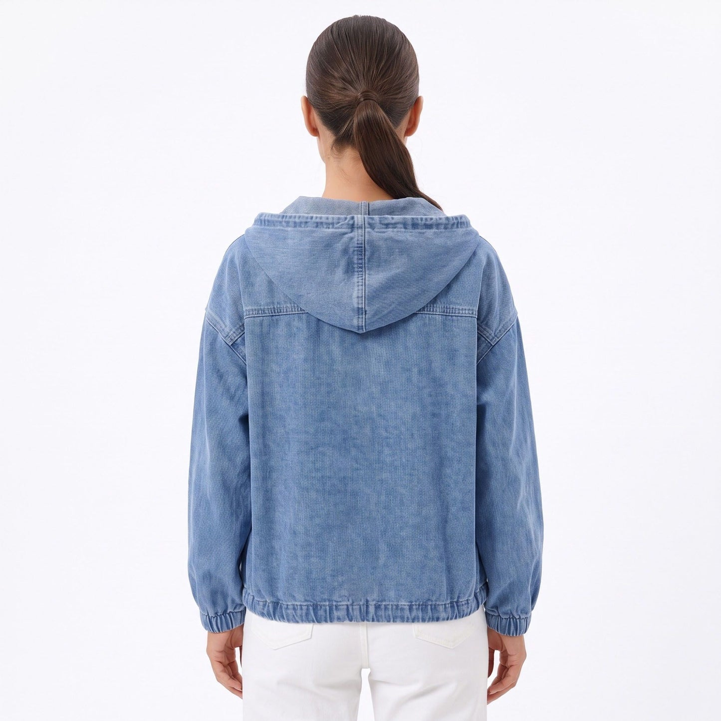 Washed Denim Hooded Pullover Jacket Long Sleeve Kangaroo Pocket Casual Outerwear