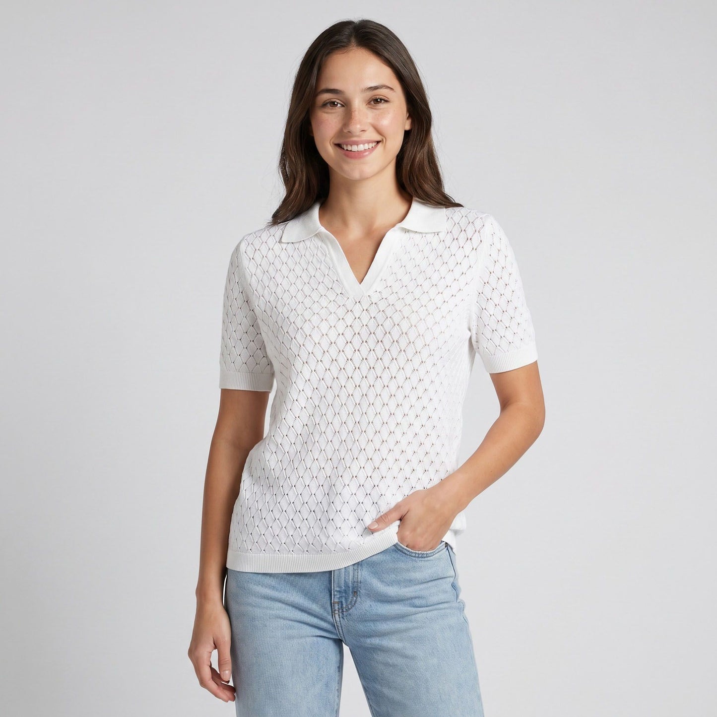 Pointelle Knit Polo Shirt Short Sleeve V-Neck Diamond Pattern Top