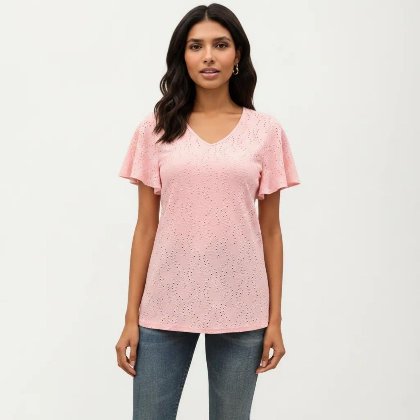 Short Sleeve Eyelet V-Neck Top with Floral Embroidery and Flutter Sleeves