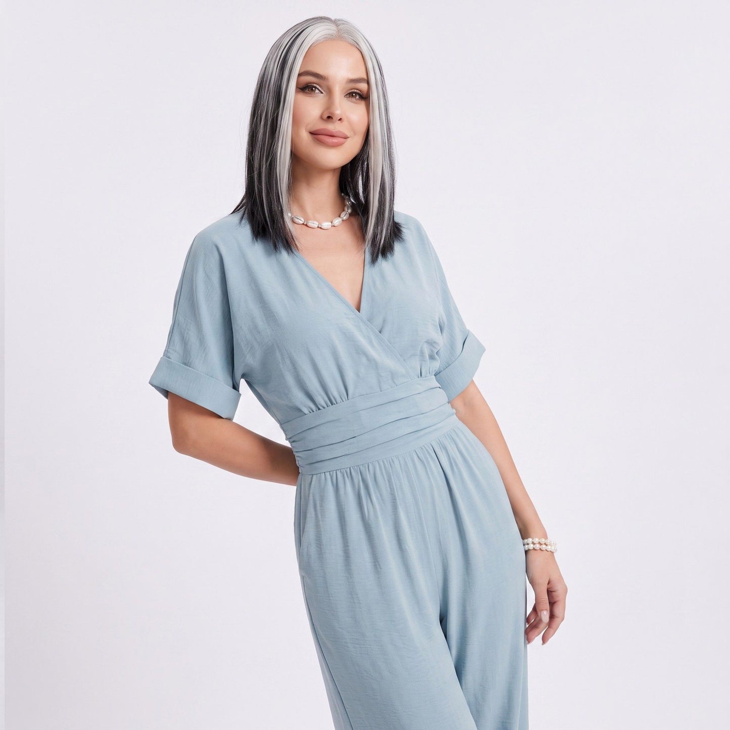 Surplice Jumpsuit Short Sleeve Wide Leg Tie Waist One Piece