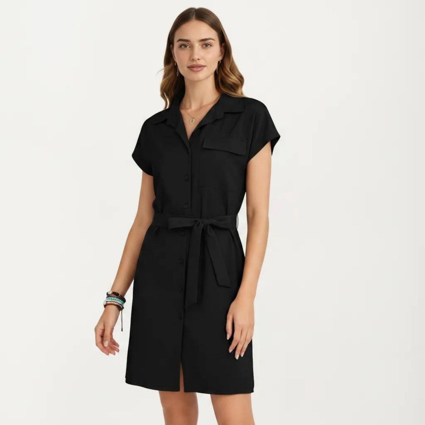 Short Sleeve Button Front Shirt Dress with Collared Neckline and Adjustable Waist Tie