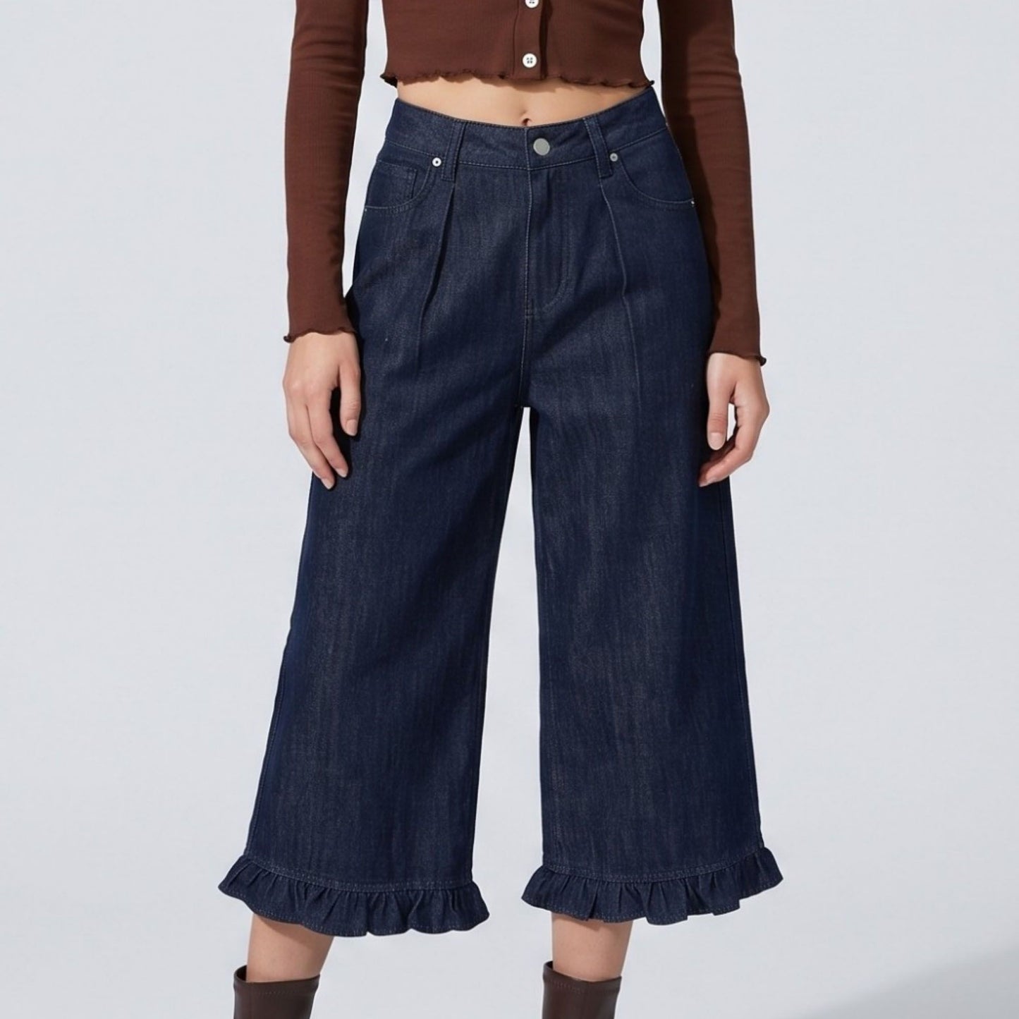High-Waisted Dark Wash Ruffle Hem Cropped Wide-Leg Denim Trousers