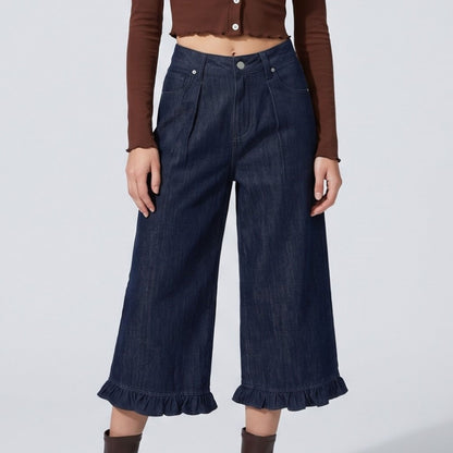 High-Waisted Dark Wash Ruffle Hem Cropped Wide-Leg Denim Trousers