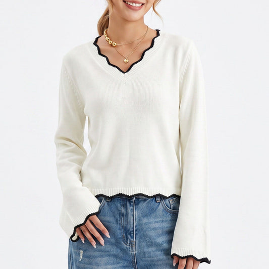 Contrast Trim V Neck Sweater Flare Sleeve Scalloped Hem Knit Pullover