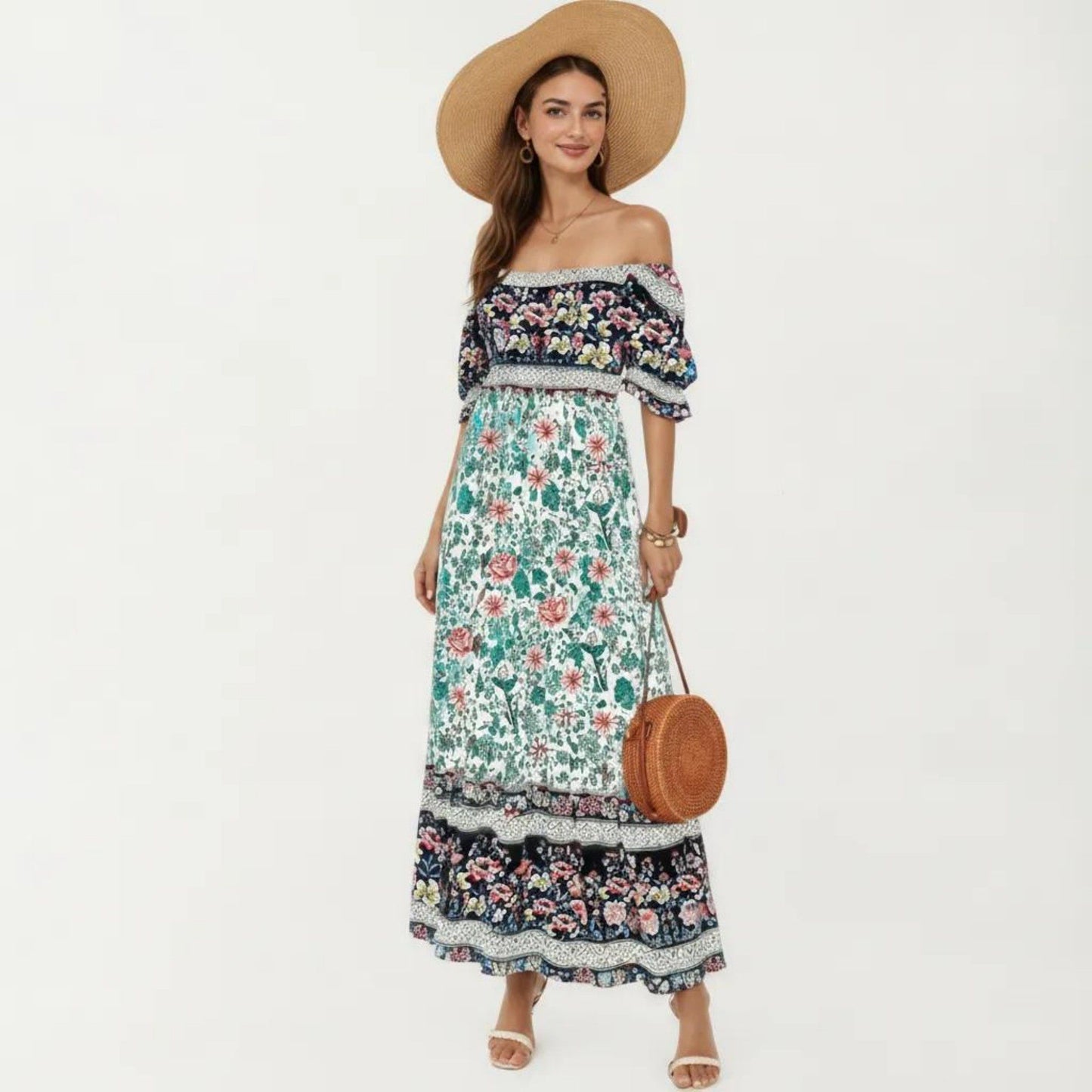 Puff Sleeve Maxi Dress with Mixed Floral Print and Border Hem