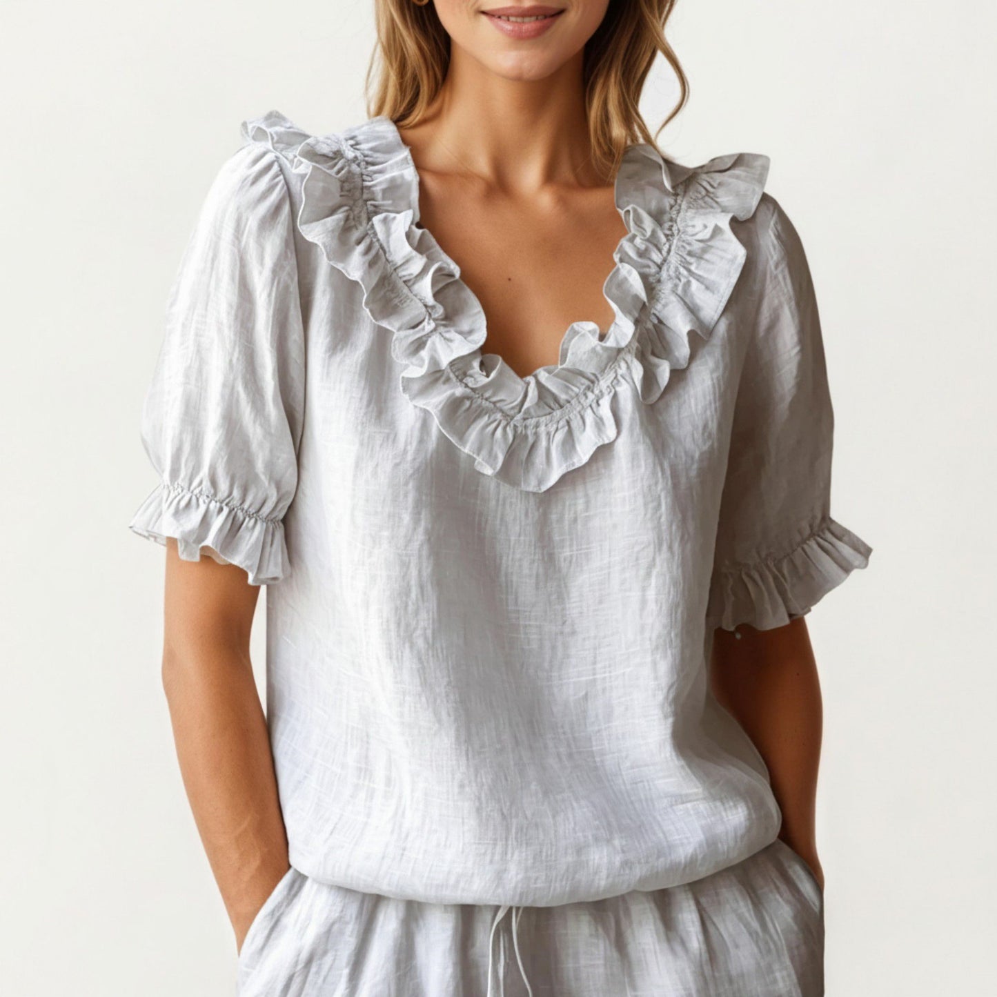 Ruffle Neck Blouse with Short Puff Sleeves and Textured Linen-Like Fabric
