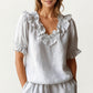 Ruffle Neck Blouse with Short Puff Sleeves and Textured Linen-Like Fabric
