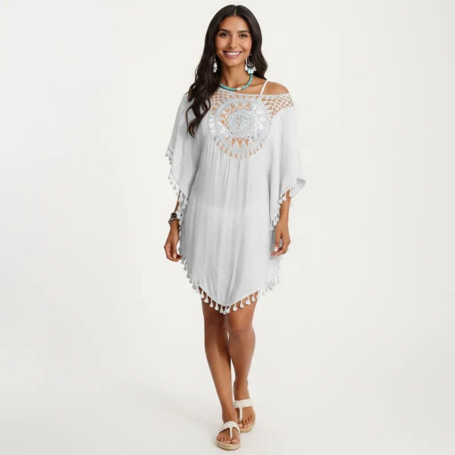 Crochet Medallion Swim Cover Up Dress with Tassel Trim and Relaxed Boho Silhouette
