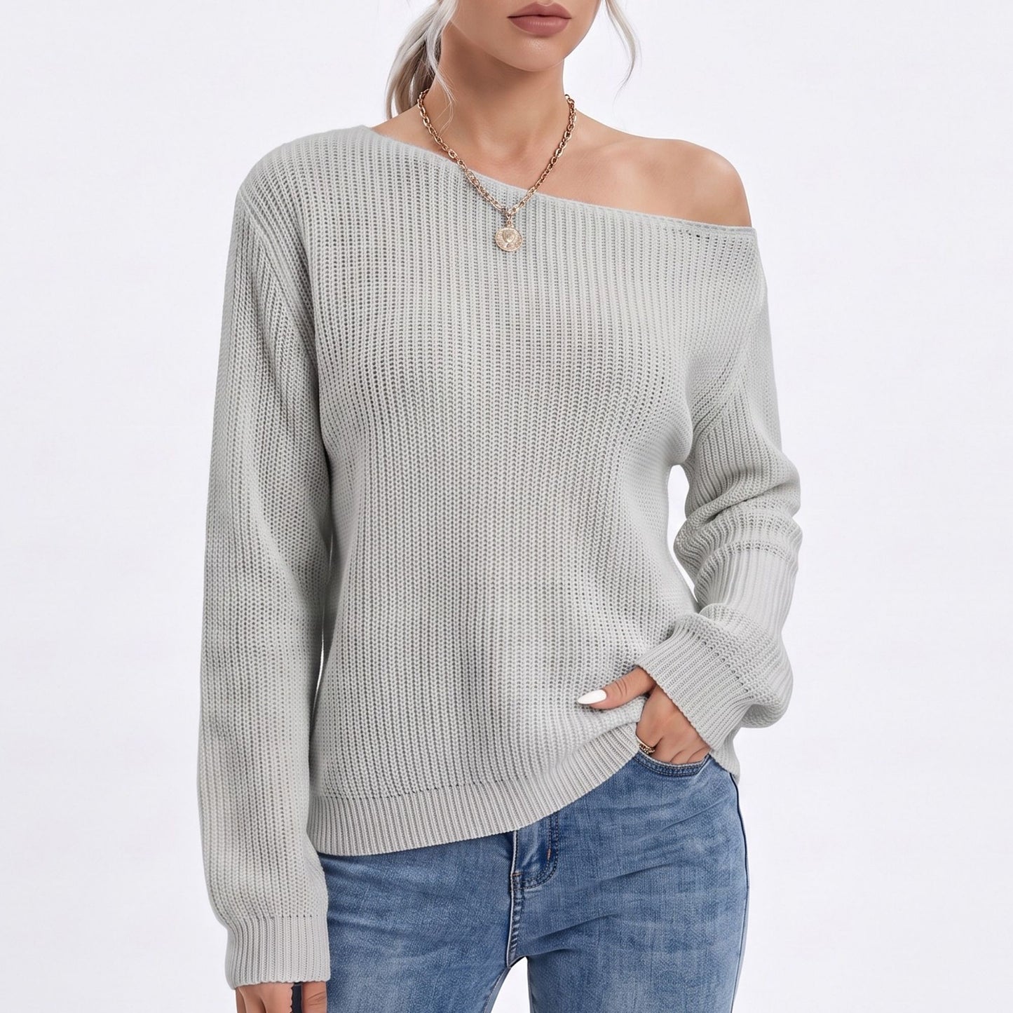 Oversized Off Shoulder Long Sleeve Knit Pullover Sweater