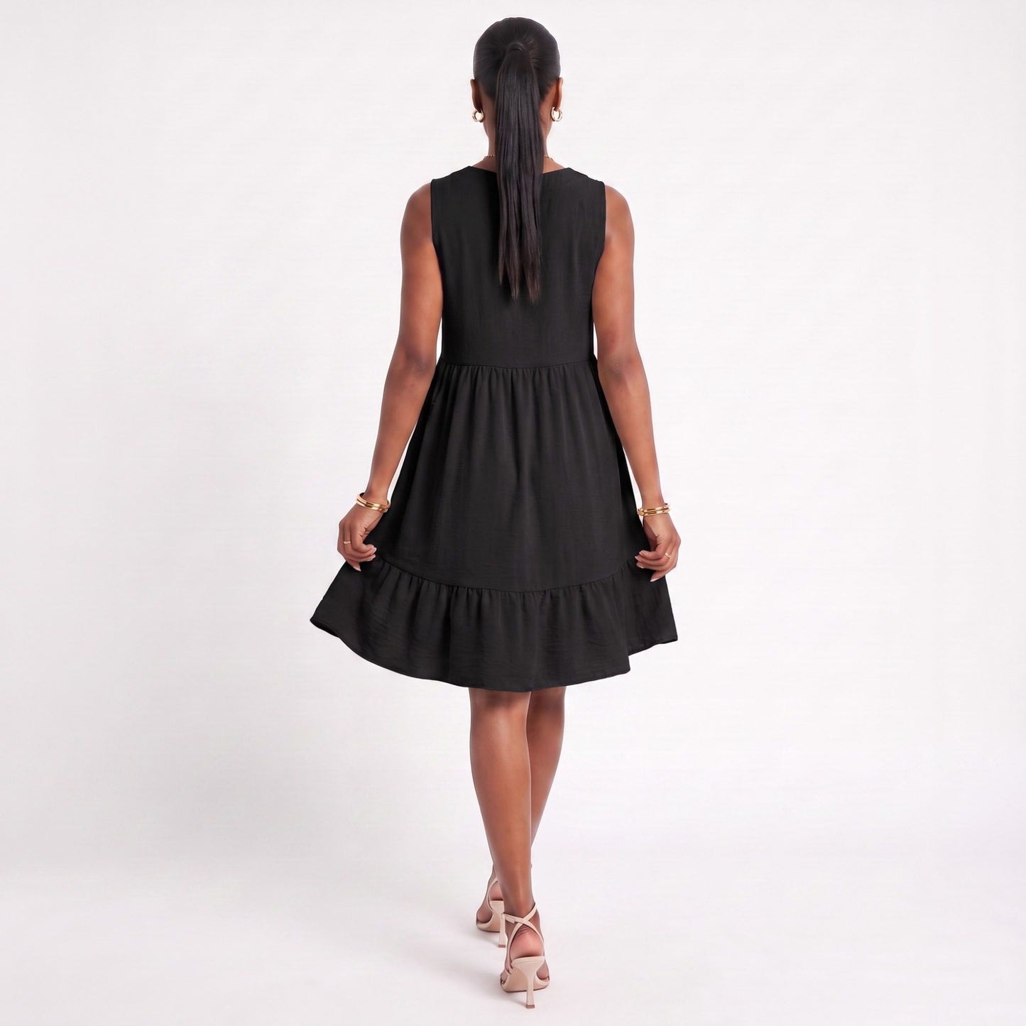 Sleeveless V-Neck Babydoll Ruffle Hem Dress with Pockets