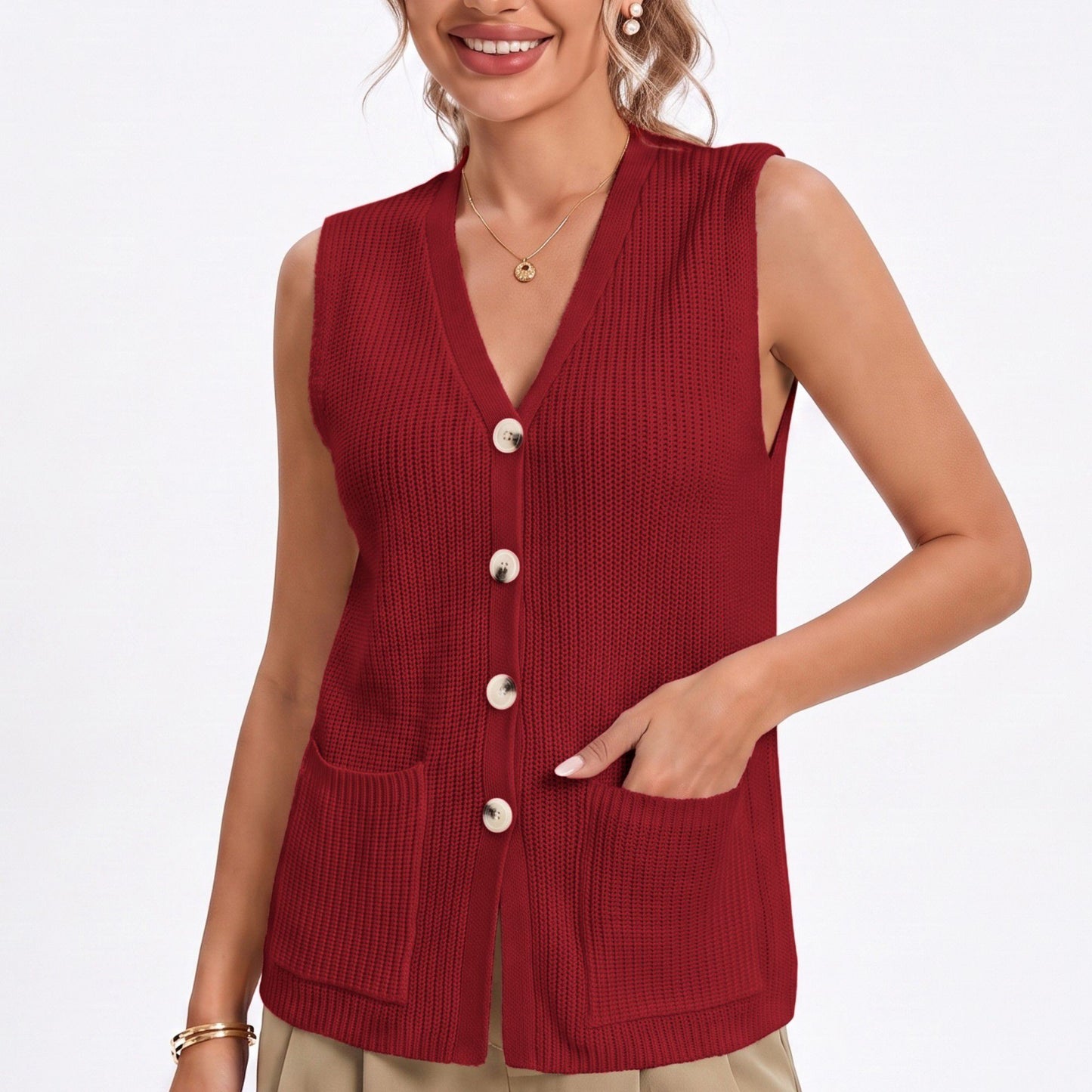 Button Front Sweater Vest V Neck Sleeveless Knit Pocket Top