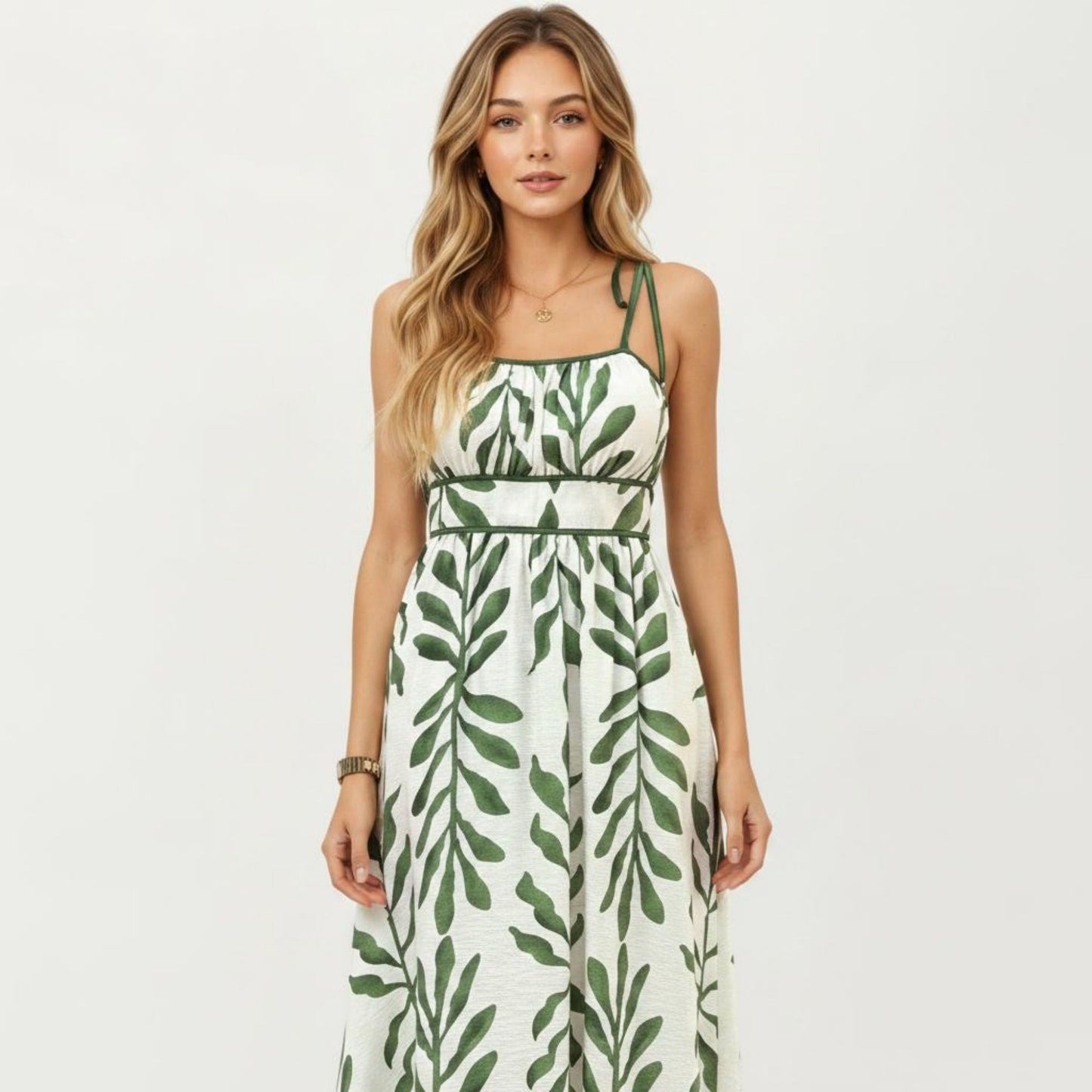 Sleeveless Midi Dress with Leaf Print Tie Shoulder Straps Smocked Back Flowy A-Line Silhouette