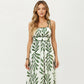 Sleeveless Midi Dress with Leaf Print Tie Shoulder Straps Smocked Back Flowy A-Line Silhouette