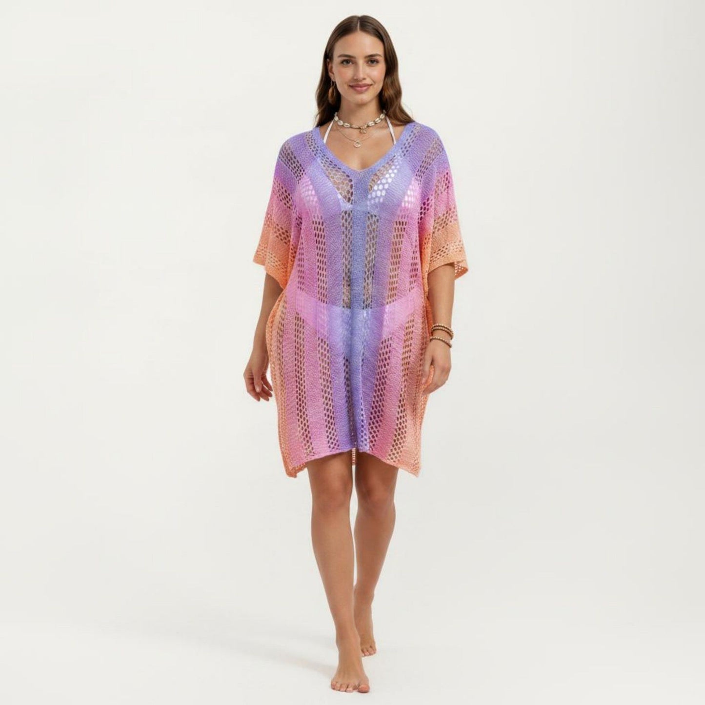 Ombre Crochet Swim Cover Up Dress with Open Knit Mesh Design V Neck Short Sleeves Relaxed Fit
