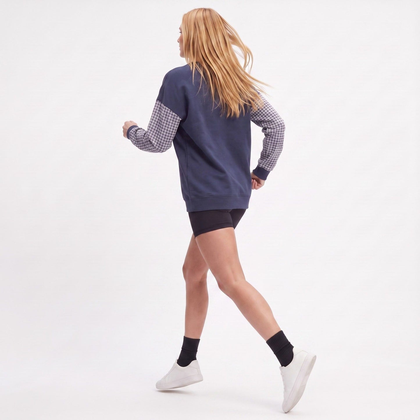 Plaid Sleeve Crew Neck Long Sleeve Pullover Sweatshirt