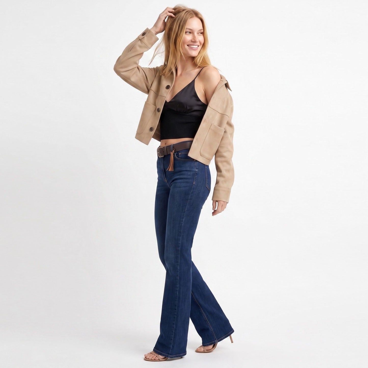 Cropped Button Front Shirt Jacket with Patch Pockets