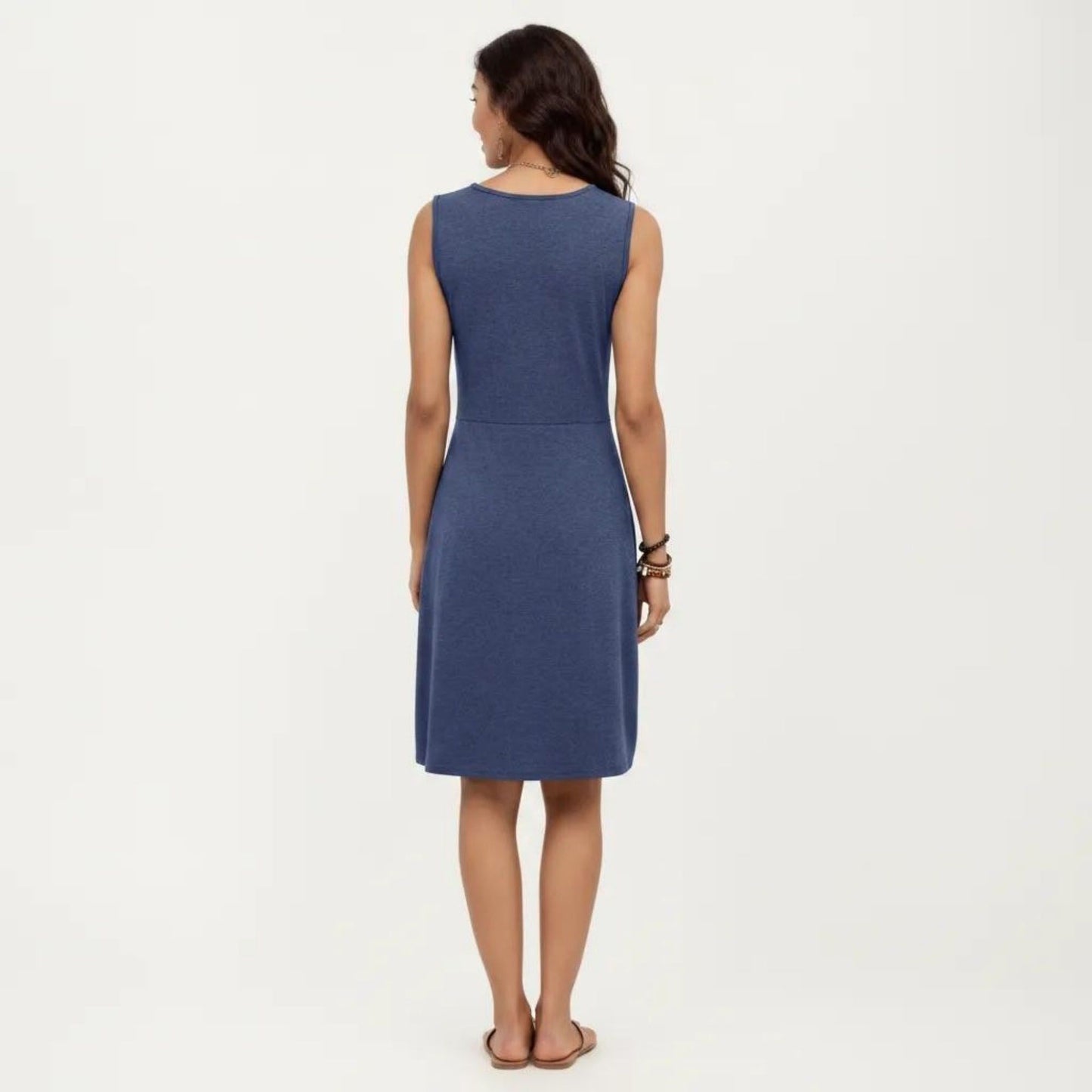 Sleeveless V Neck Midi Dress with Front Twist Detail and Flowy A Line Silhouette