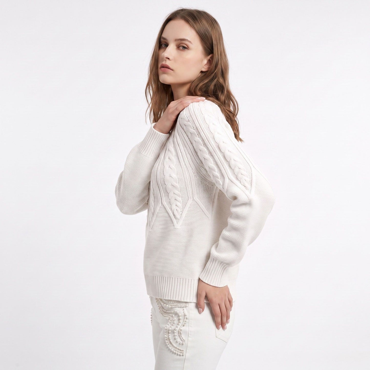 Cable Knit Crew Neck Long Sleeve Pullover Sweater