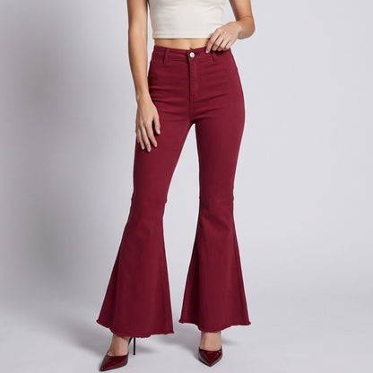 High Rise Flare Pants Button Front Stretch Wide Leg Hem Pants