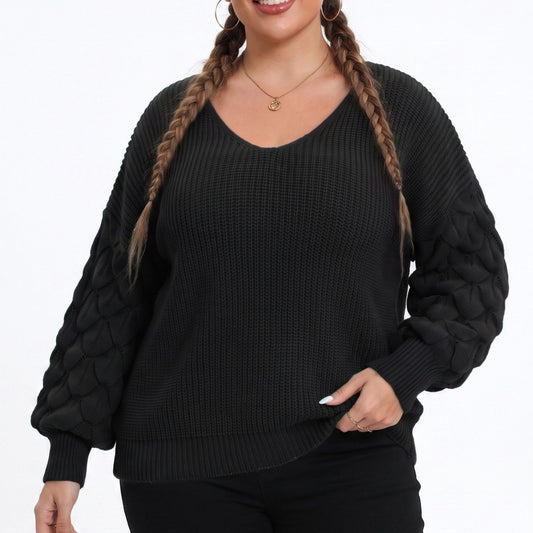 Plus Size V-Neck Textured Sleeve Pullover Sweater