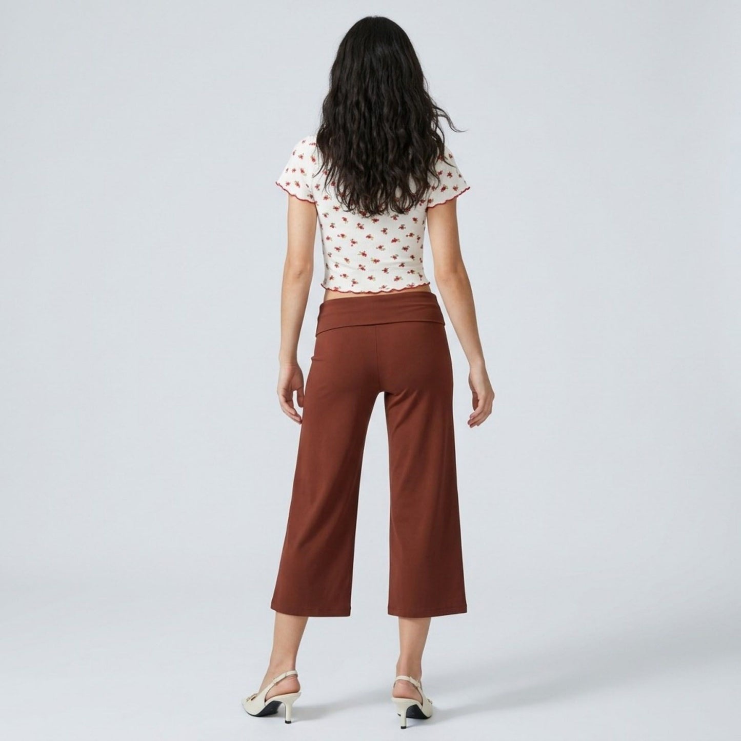 Foldover Waistband Cropped Wide-Leg Trousers