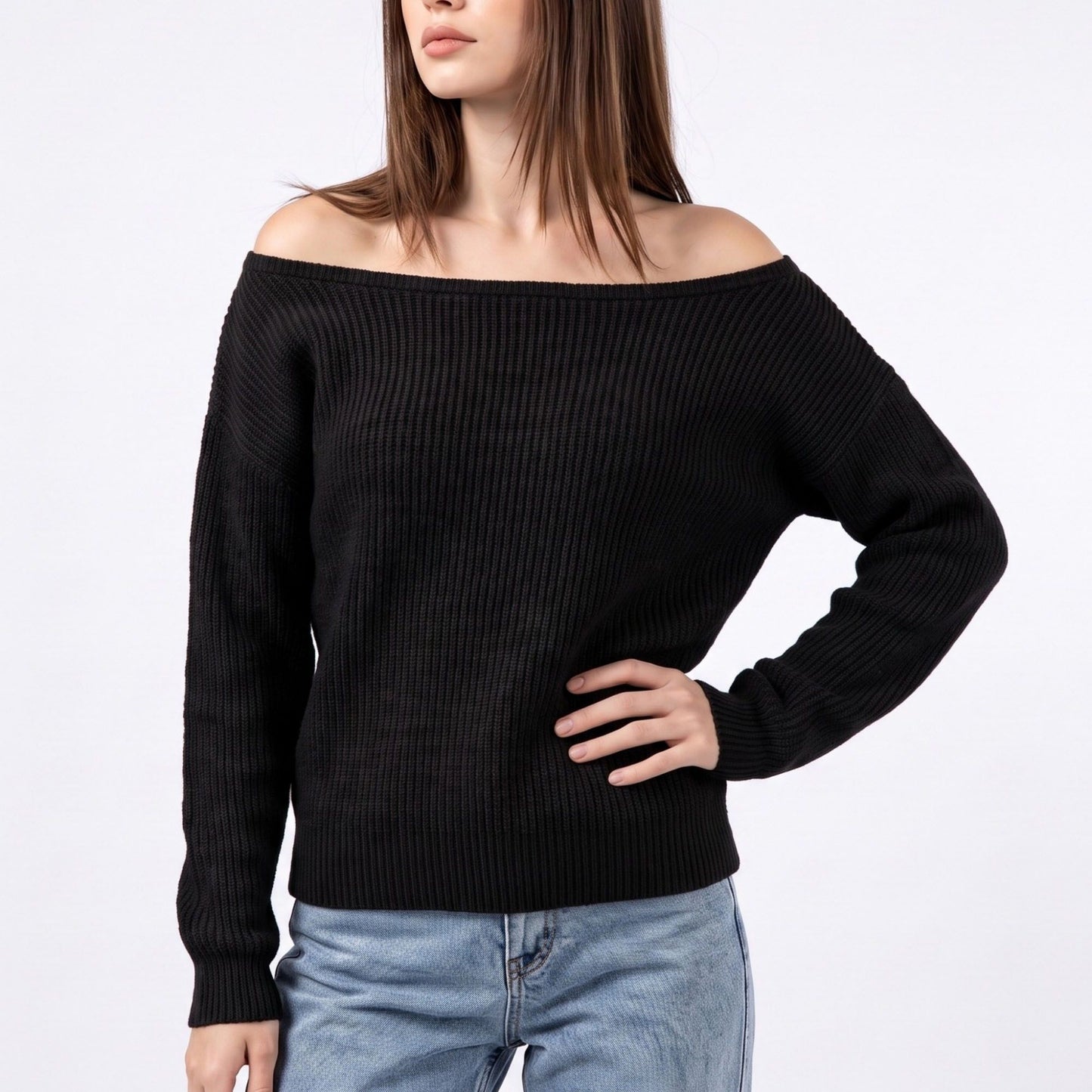 Off Shoulder Ribbed Knit Pullover Sweater