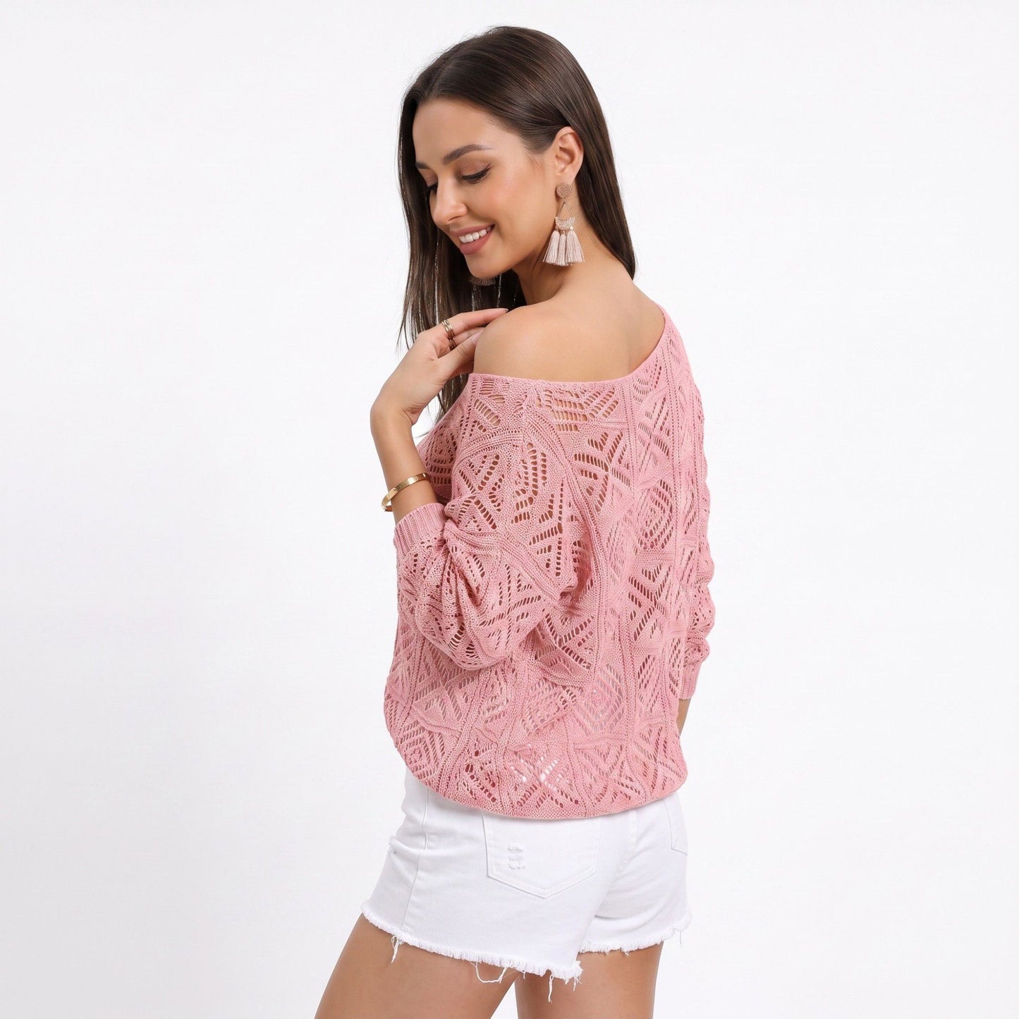 Open Stitch Knit Sweater One Shoulder Geometric Long Sleeve Top