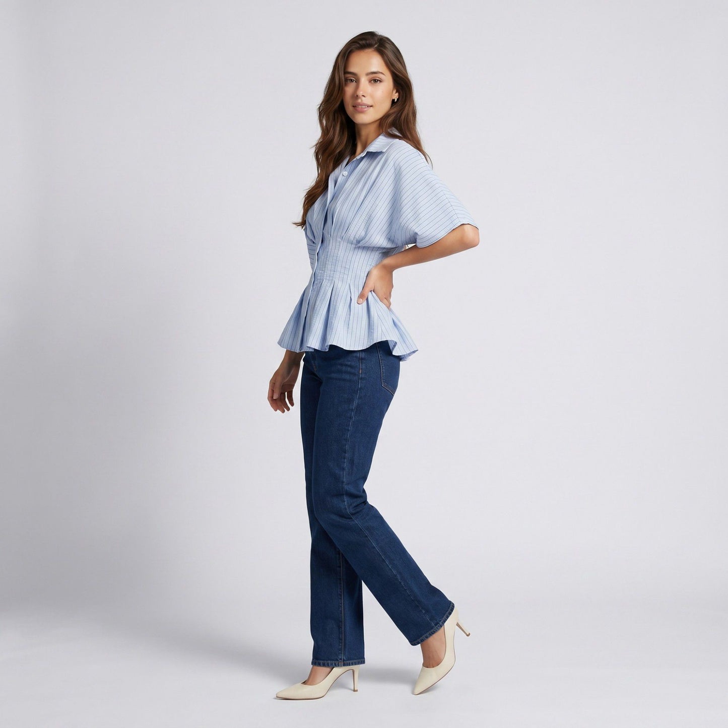 Striped Button Front Peplum Blouse with Collared Neck and Pleated Hem