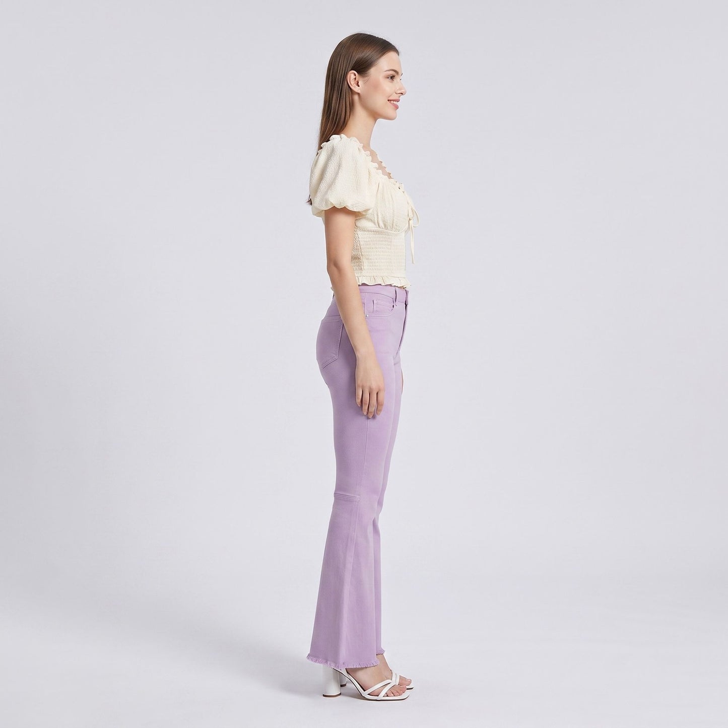 High Rise Flare Pants Button Front Stretch Wide Leg Hem Pants