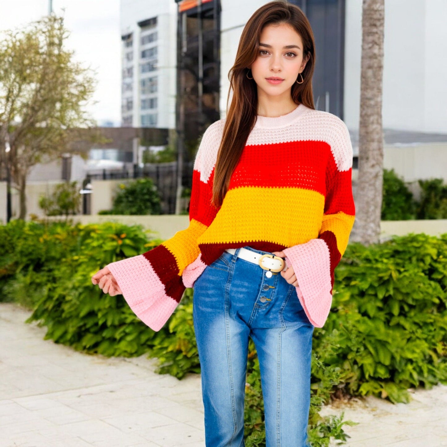 Striped Knit Sweater with Bell Sleeves and Colorful Details