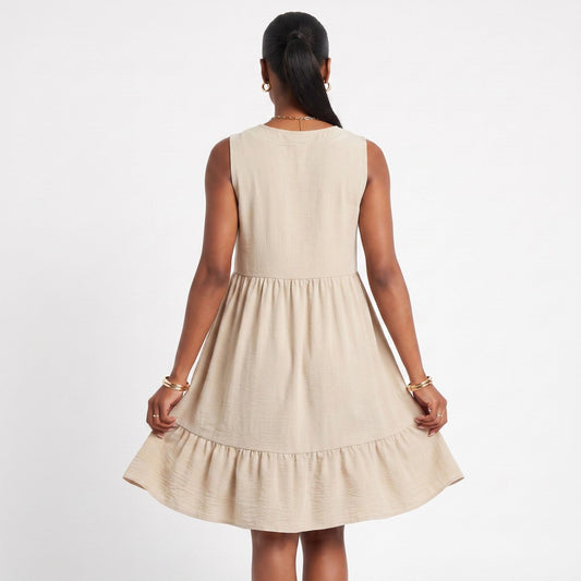 Sleeveless V-Neck Babydoll Ruffle Hem Dress with Pockets