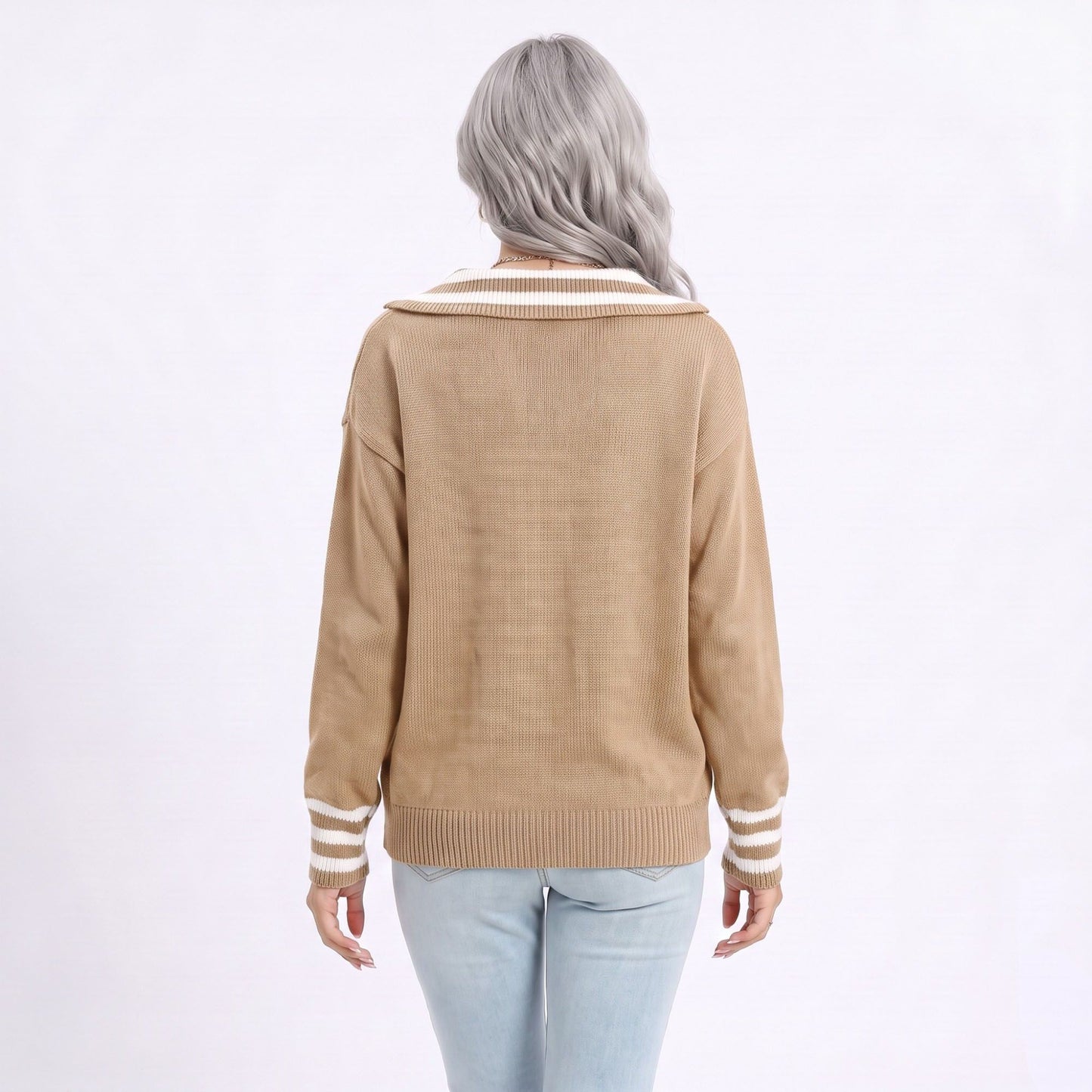 Long Sleeve Collared V Neck Knit Pullover Sweater