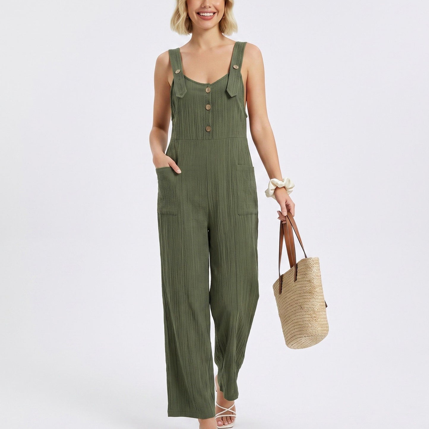 Button Front Jumpsuit Sleeveless Wide Leg Utility Pocket Outfit