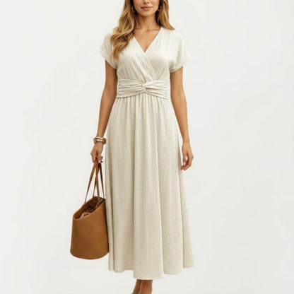 Short Sleeve Midi Dress with Wrap V Neck Twist Front Waist Detail Textured Knit Flowy Fit