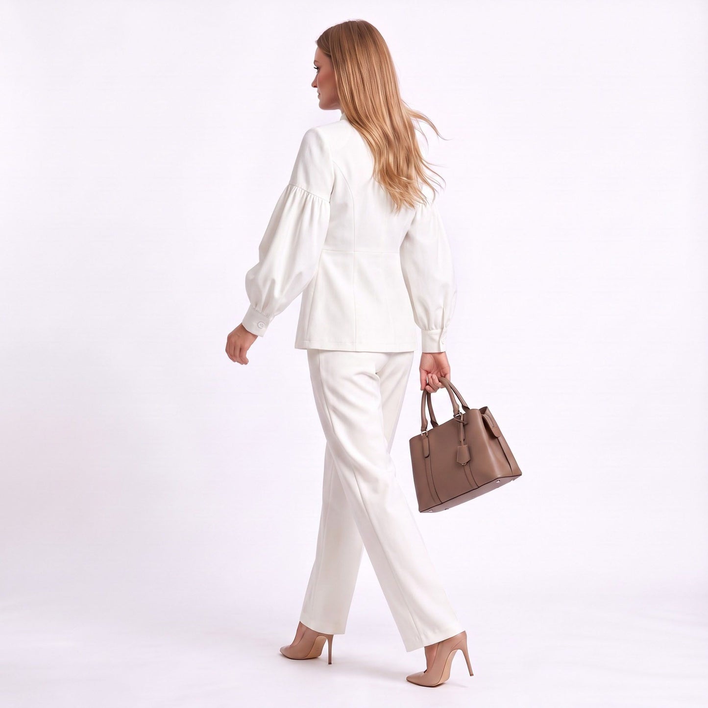 Puff Sleeve Peplum Blazer with Stand Collar and Button Front