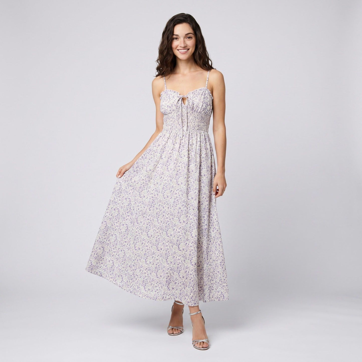 Floral Print Smocked Bodice Maxi Dress with Tie Front Sweetheart Neckline Slim Straps and Flowy Skirt
