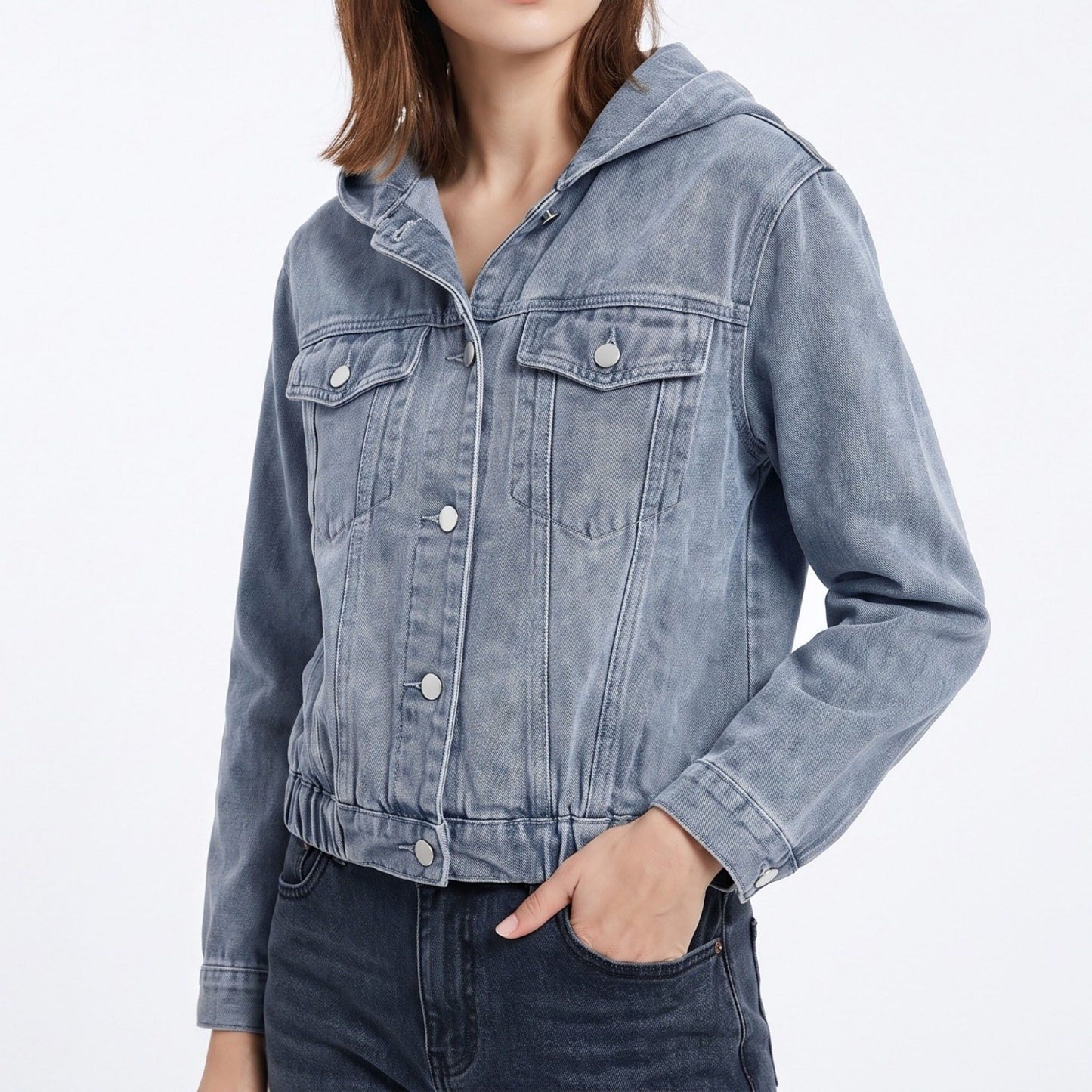 Hooded Denim Jacket Button Front Washed Casual Jean Jacket With Pockets